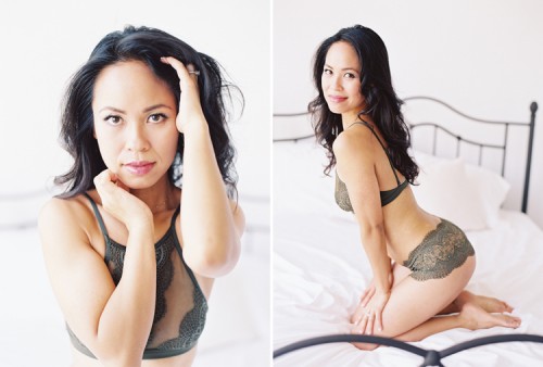 asian female wearing Victoria's Secret on a white bed