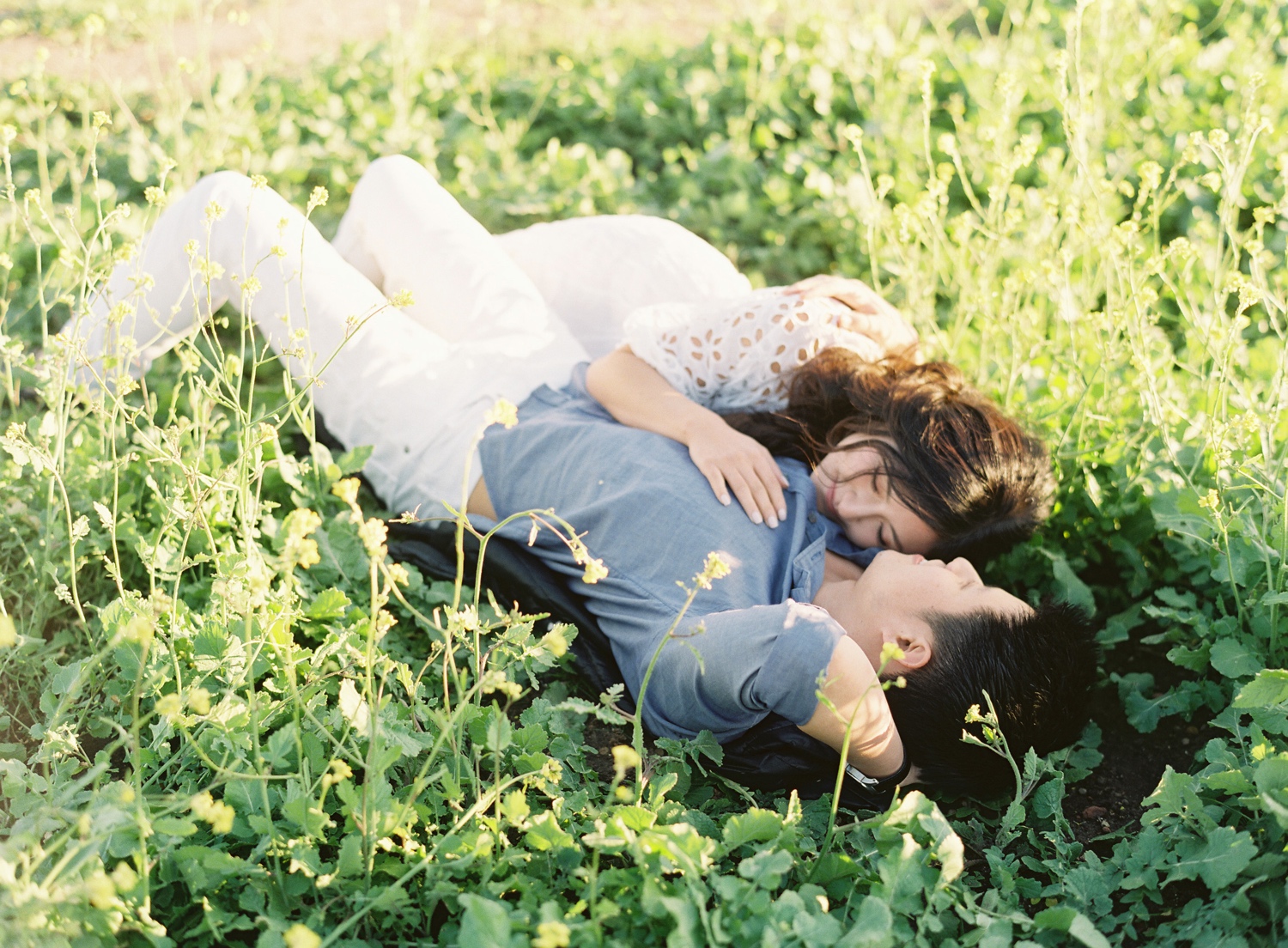 Overhead shot of couple holding each other in tall grass