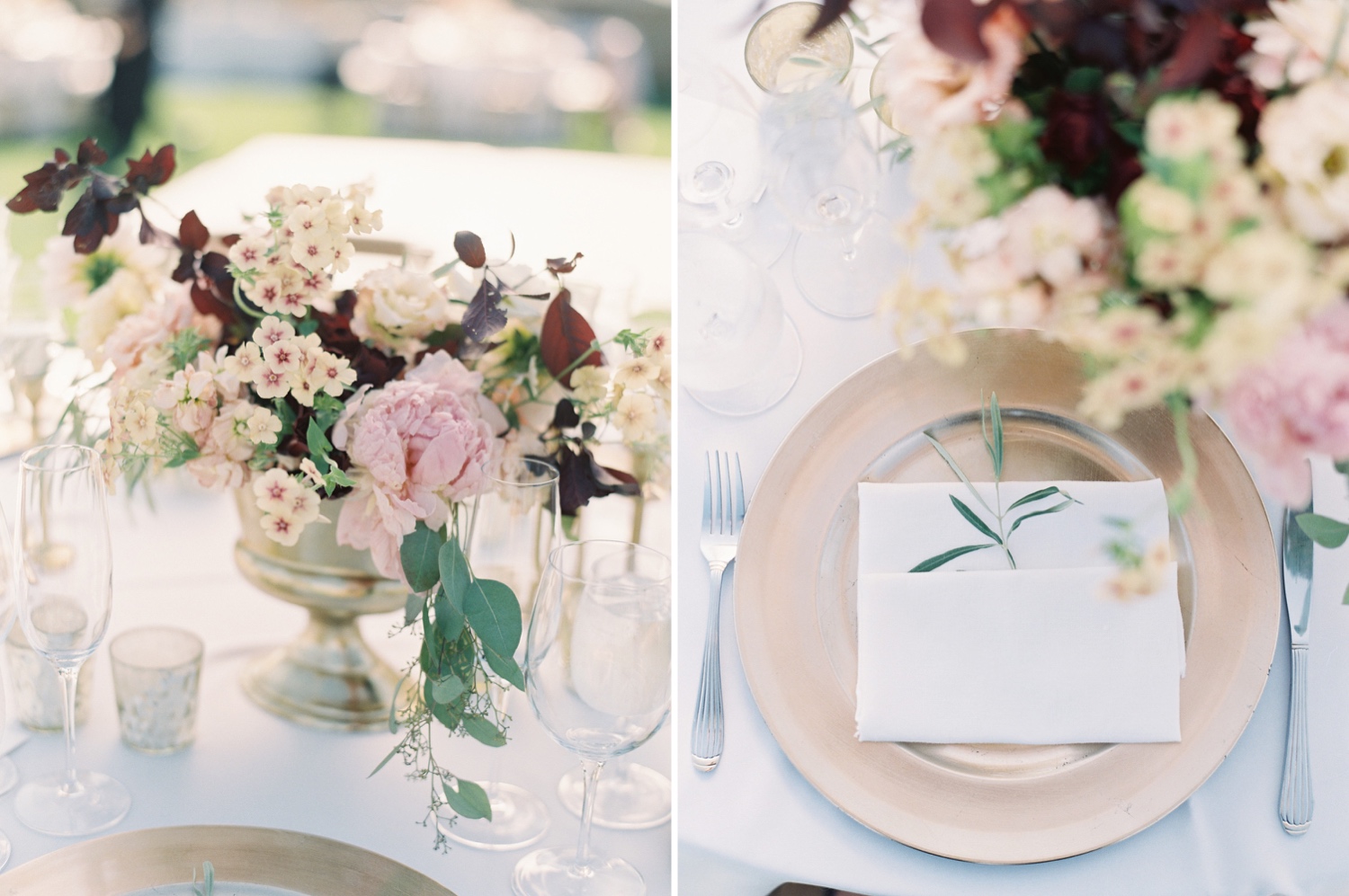 Pink and burgundy floral centerpieces and gold accessory table settings