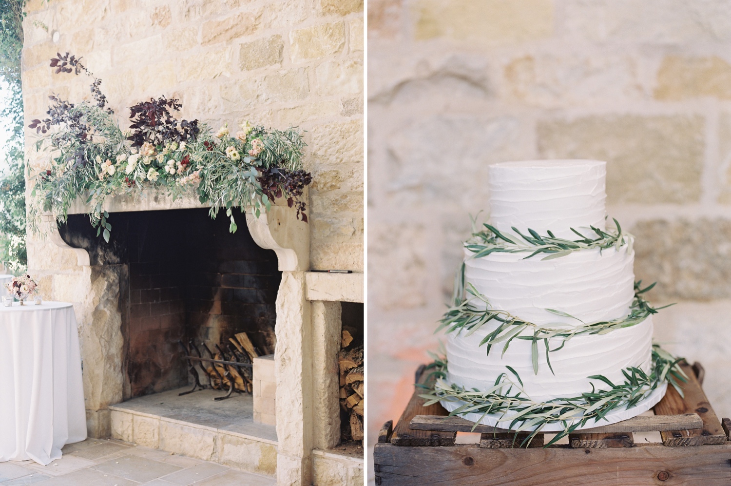 Villa fireplace with floral display on mantel and simple and elegant wedding cake with rosemary sprigs