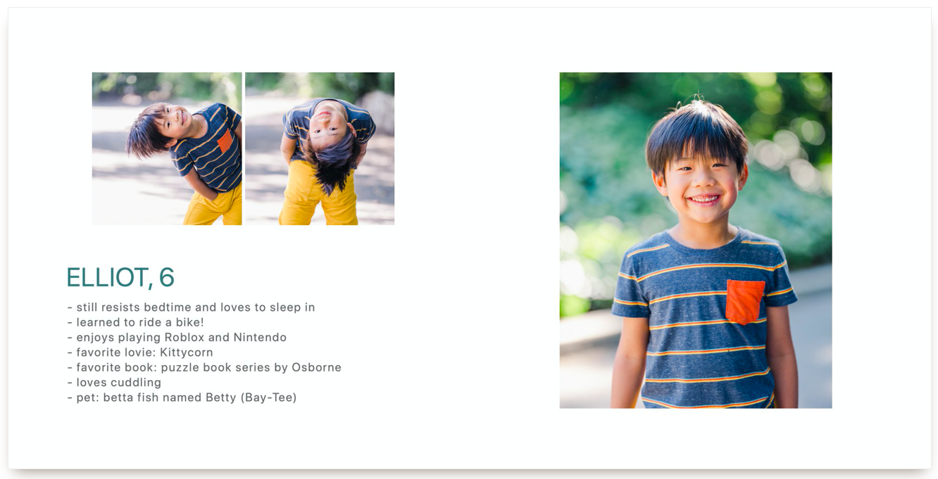 Book layout with various picture of boy smiling outside