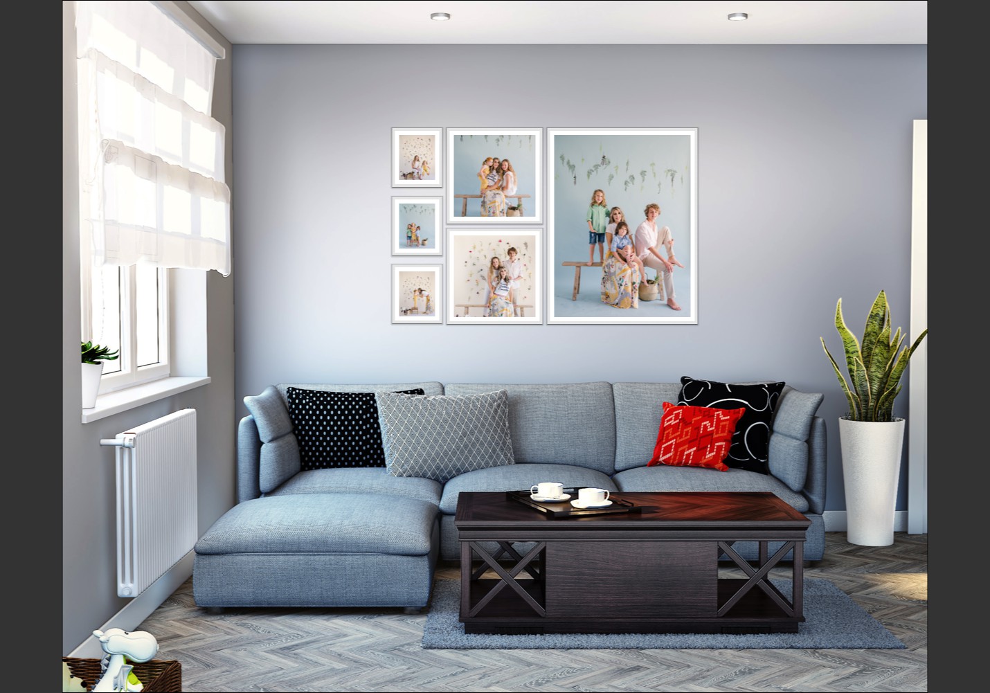 Photo of living space with a photo gallery above a couch